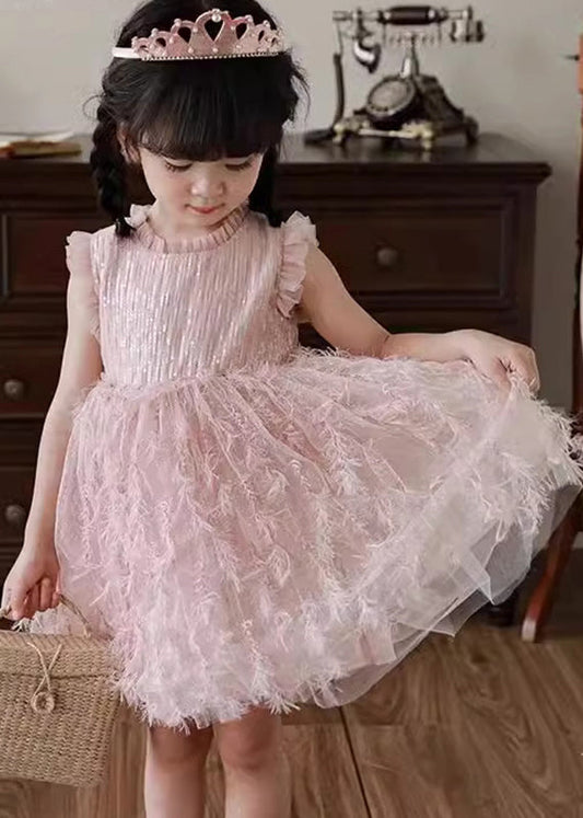 Boutique Pink Ruffled Tulle Patchwork Kids Holiday Feather Mid Dress Sleeveless