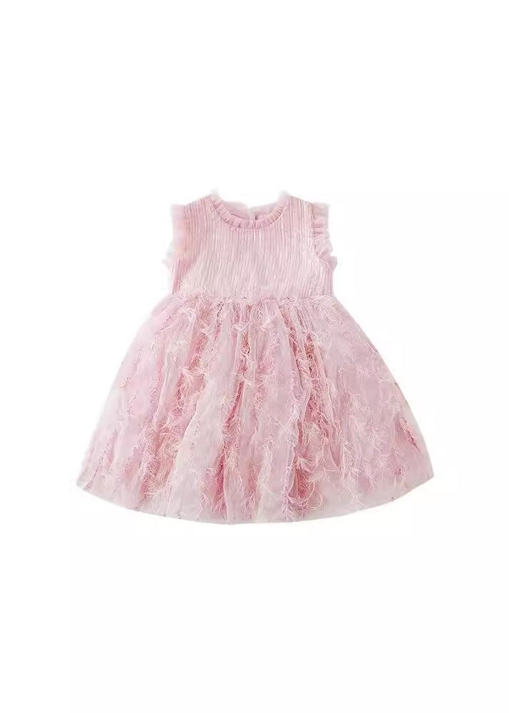 Boutique Pink Ruffled Tulle Patchwork Kids Holiday Feather Mid Dress Sleeveless