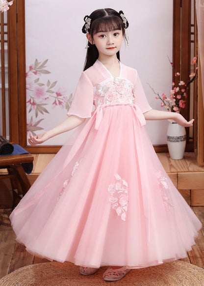 Boutique Pink V Neck Layered Patchwork Tulle Girls Maxi Dress Short Sleeve