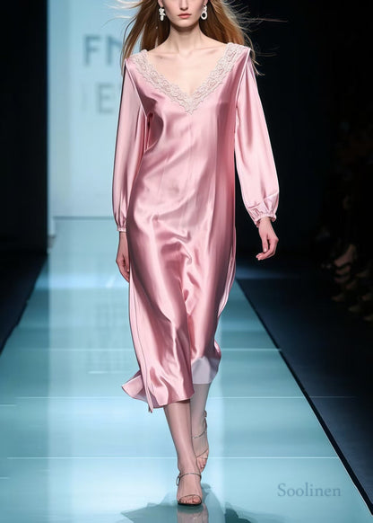 Boutique Pink V Neck Patchwork Lace Holiday Dress Spring