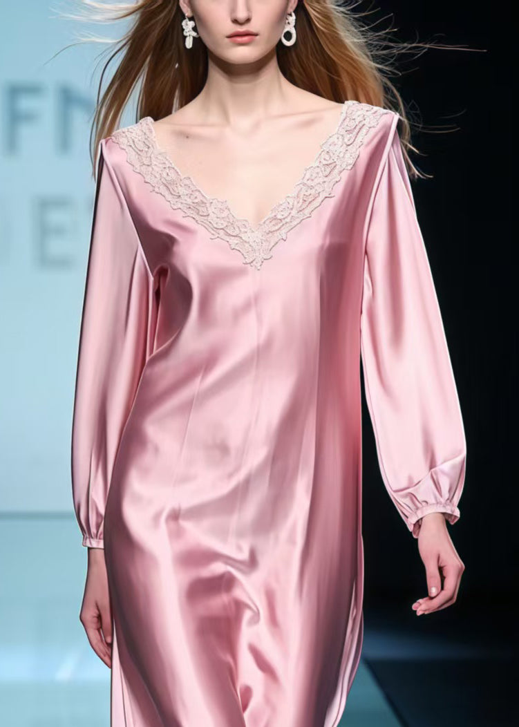 Boutique Pink V Neck Patchwork Lace Holiday Dress Spring