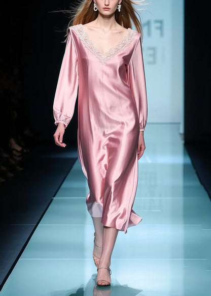 Boutique Pink V Neck Patchwork Lace Holiday Dress Spring