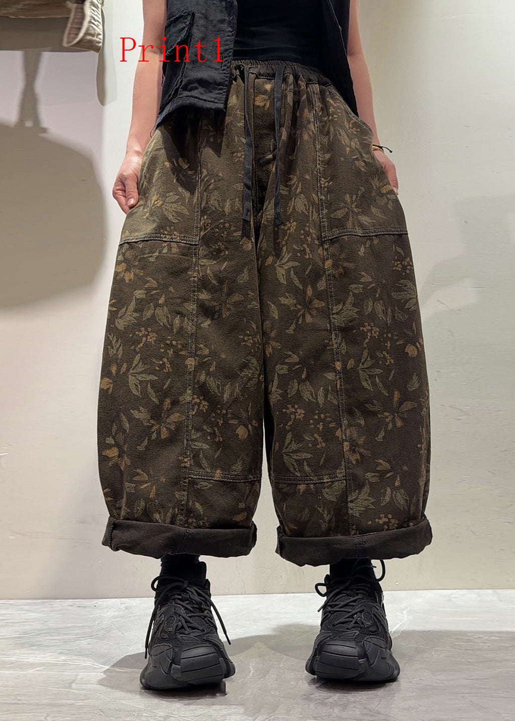 Boutique Pockets Print Elastic Waist Denim Pants Trousers Fall