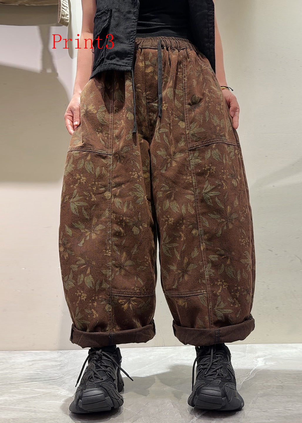 Boutique Pockets Print Elastic Waist Denim Pants Trousers Fall