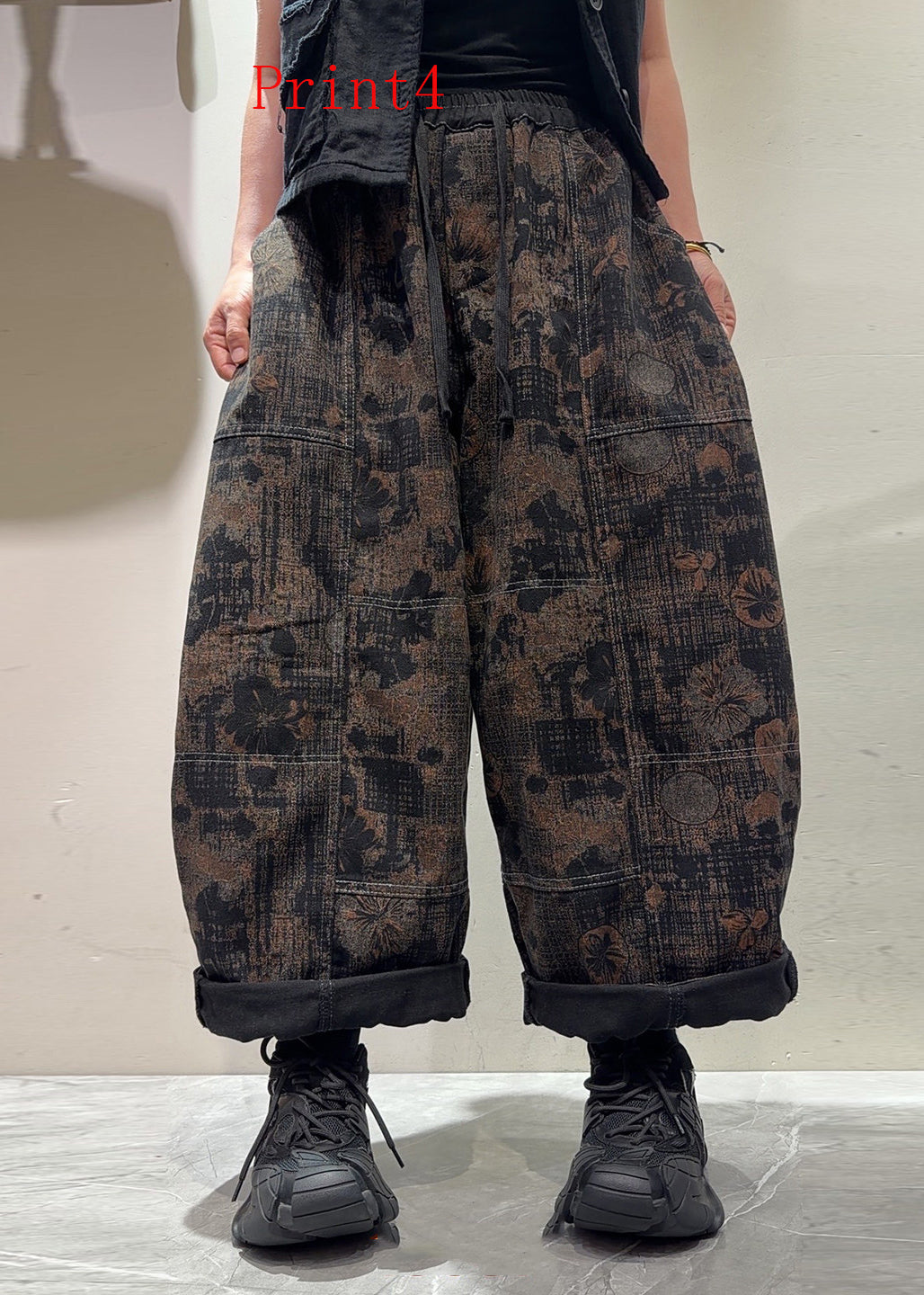 Boutique Pockets Print Elastic Waist Denim Pants Trousers Fall