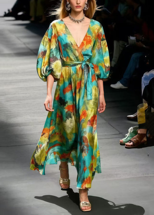 Boutique Polychrome Print Chiffon Dress Lantern Sleeve