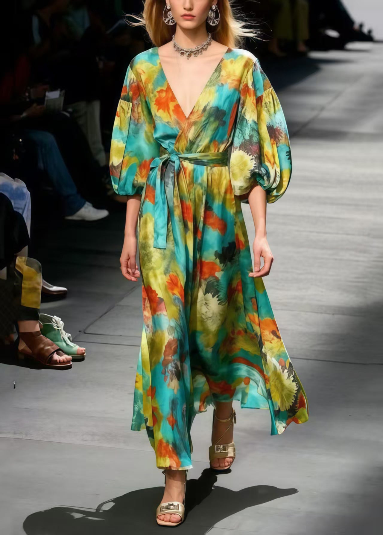 Boutique Polychrome Print Chiffon Dress Lantern Sleeve