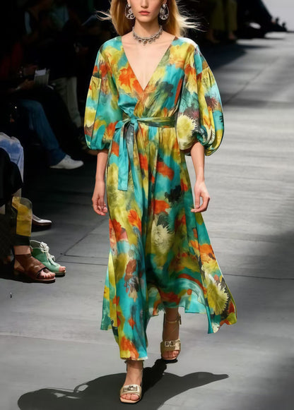 Boutique Polychrome Print Chiffon Dress Lantern Sleeve