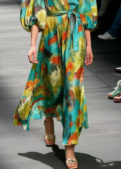 Boutique Polychrome Print Chiffon Dress Lantern Sleeve