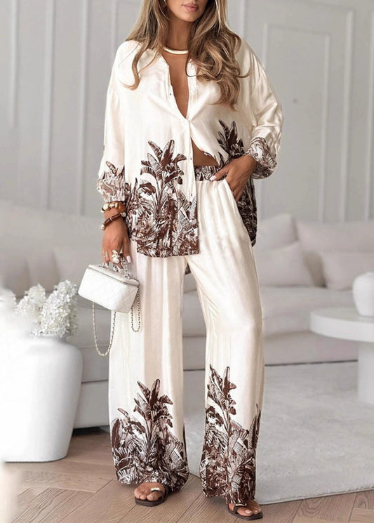 Boutique Print Tops And Pants Silk Women Sets 2 Pieces Spring