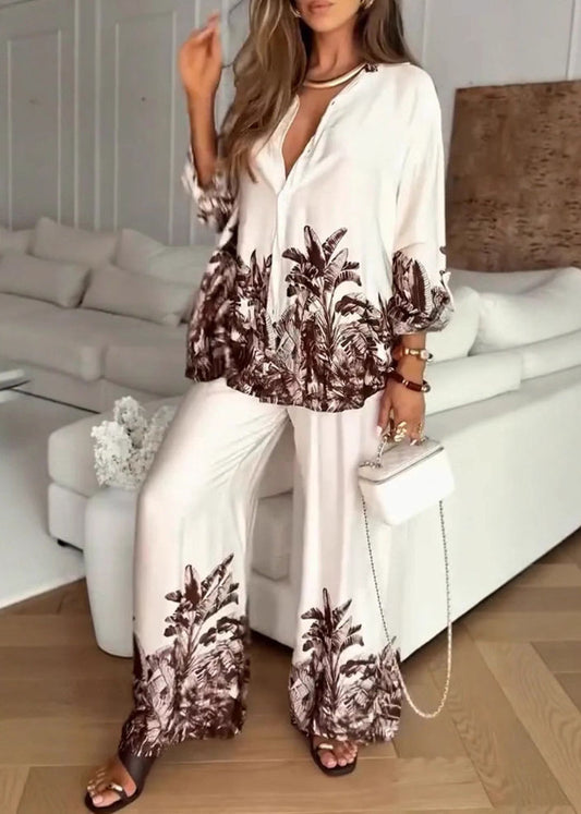 Boutique Print Tops And Pants Silk Women Sets 2 Pieces Spring