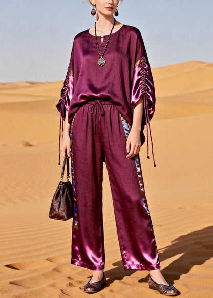 Boutique Purple Drawstring Elastic Waist Silk Patchwork Two Piece Set