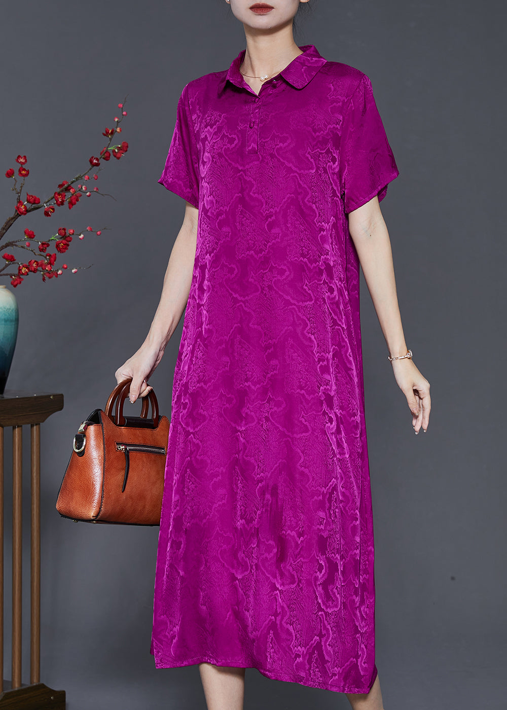 Boutique Purple Peter Pan Collar Purple Silk Long Dress Summer