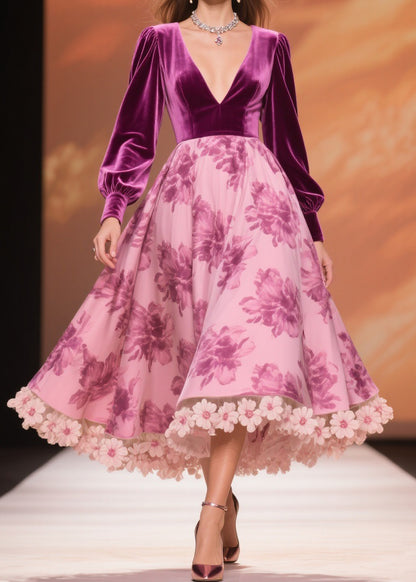 Boutique Purple Print Floral Patchwork Silk Velvet Party Dress Spring