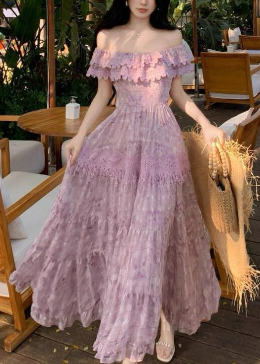 Boutique Purple Ruffled Patchwork Lace Strapless Dress Summer