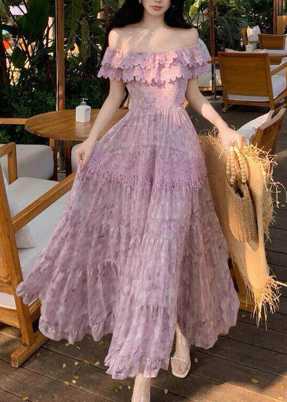 Boutique Purple Ruffled Patchwork Lace Strapless Dress Summer