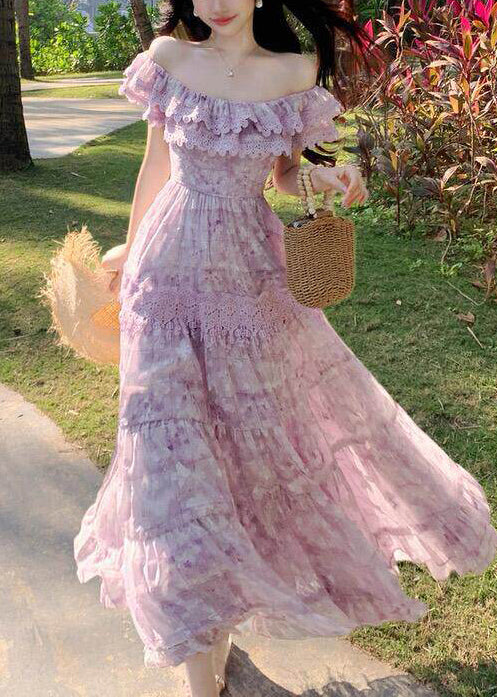 Boutique Purple Ruffled Patchwork Lace Strapless Dress Summer