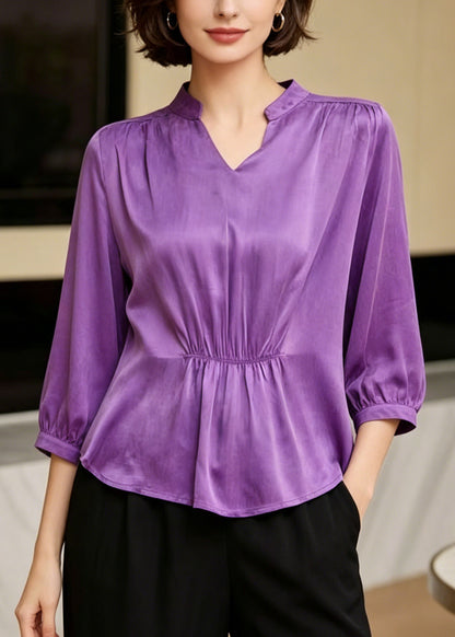 Boutique Purple V Neck Wrinkled Silk Shirts Half Sleeve