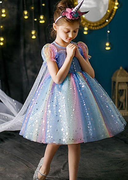 Boutique Rainbow Puff Sleeve Sequins Patchwork Tulle Baby Girls Dress Summer