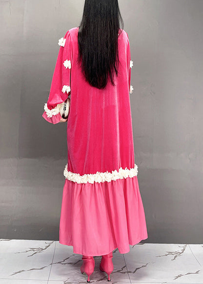 Boutique Red O-Neck Embroidered Floral Silk Velvet Long Dresses Spring