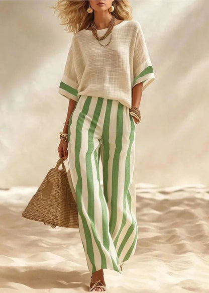 Boutique Red O-Neck Striped Cotton Two Pieces Set Summer