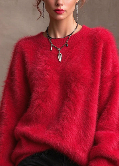 Boutique Red O Neck Thick Mink Hair Knitted Sweaters Fall