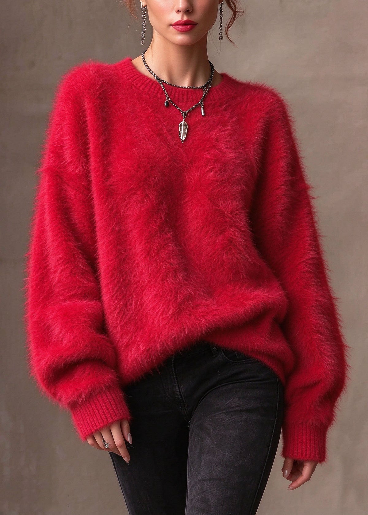 Boutique Red O Neck Thick Mink Hair Knitted Sweaters Fall