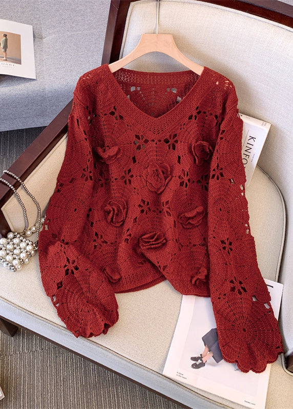 Boutique Red Oversized Floral Decorated Knit Sweaters Fall