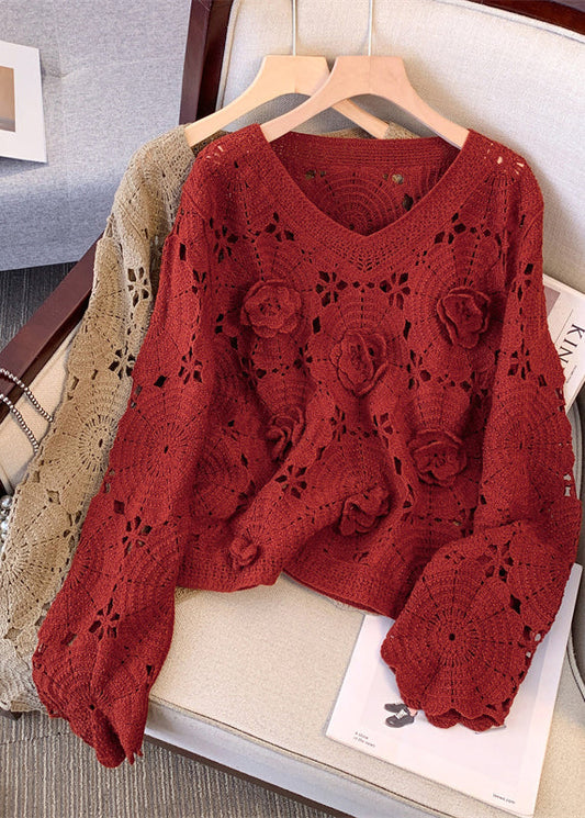 Boutique Red Oversized Floral Decorated Knit Sweaters Fall