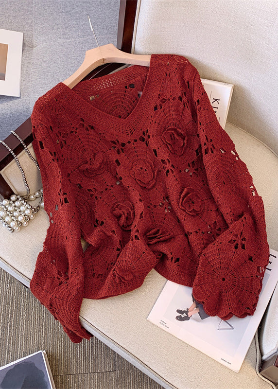 Boutique Red Oversized Floral Decorated Knit Sweaters Fall