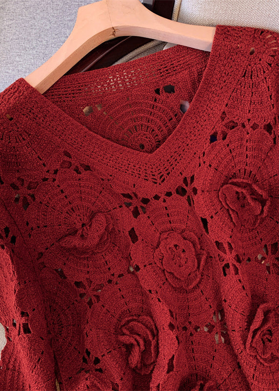 Boutique Red Oversized Floral Decorated Knit Sweaters Fall