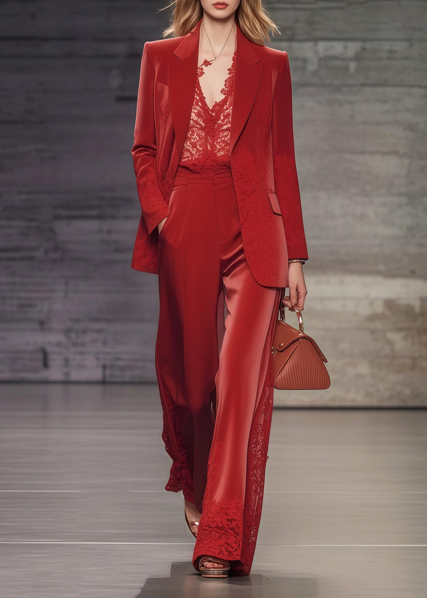 Boutique Red Oversized Patchwork Lace Spandex Coats And Straight PantsTwo Pieces Set Spring