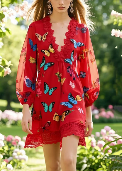 Boutique Red Patchwork Lace Work Dress Multicolour Butterfly Summer