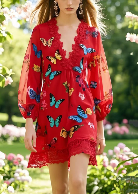 Boutique Red Patchwork Lace Work Dress Multicolour Butterfly Summer
