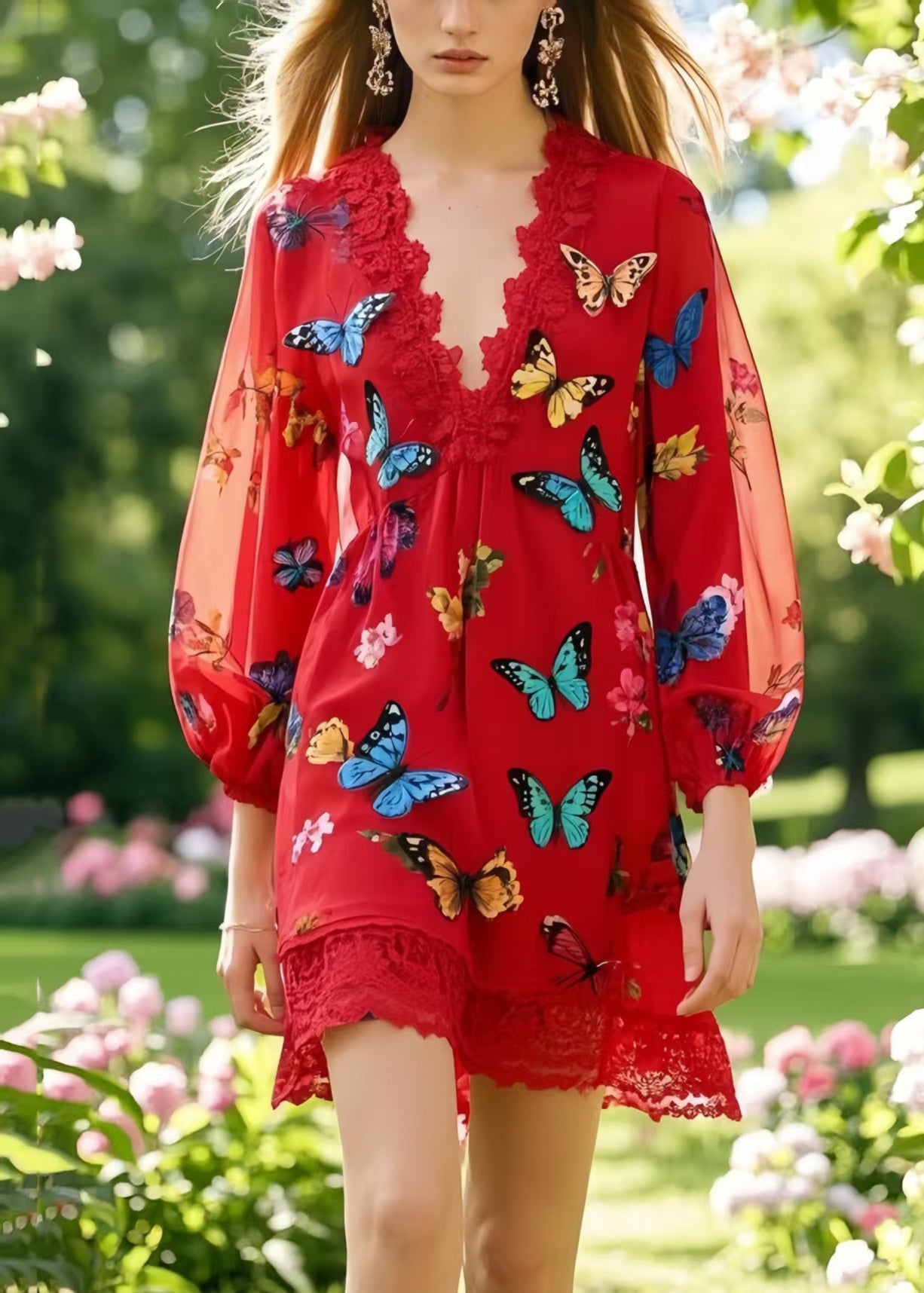 Boutique Red Patchwork Lace Work Dress Multicolour Butterfly Summer