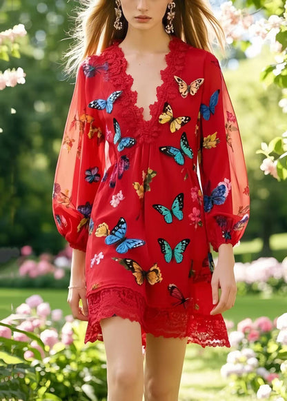 Boutique Red Patchwork Lace Work Dress Multicolour Butterfly Summer
