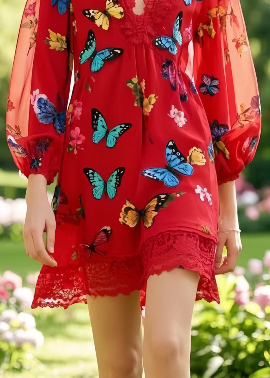 Boutique Red Patchwork Lace Work Dress Multicolour Butterfly Summer