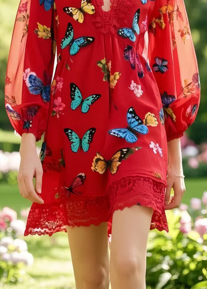 Boutique Red Patchwork Lace Work Dress Multicolour Butterfly Summer