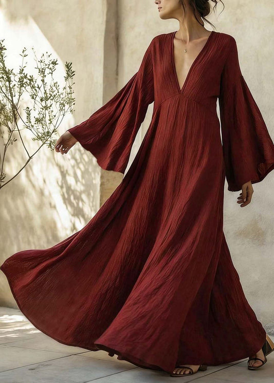 Boutique Red Patchwork Long Dress Flare Sleeve