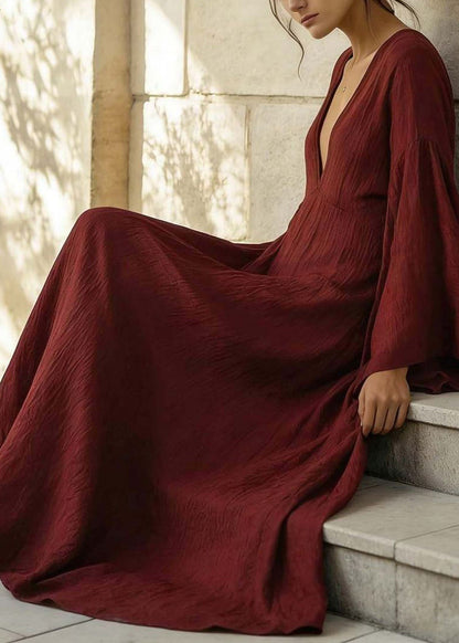 Boutique Red Patchwork Long Dress Flare Sleeve