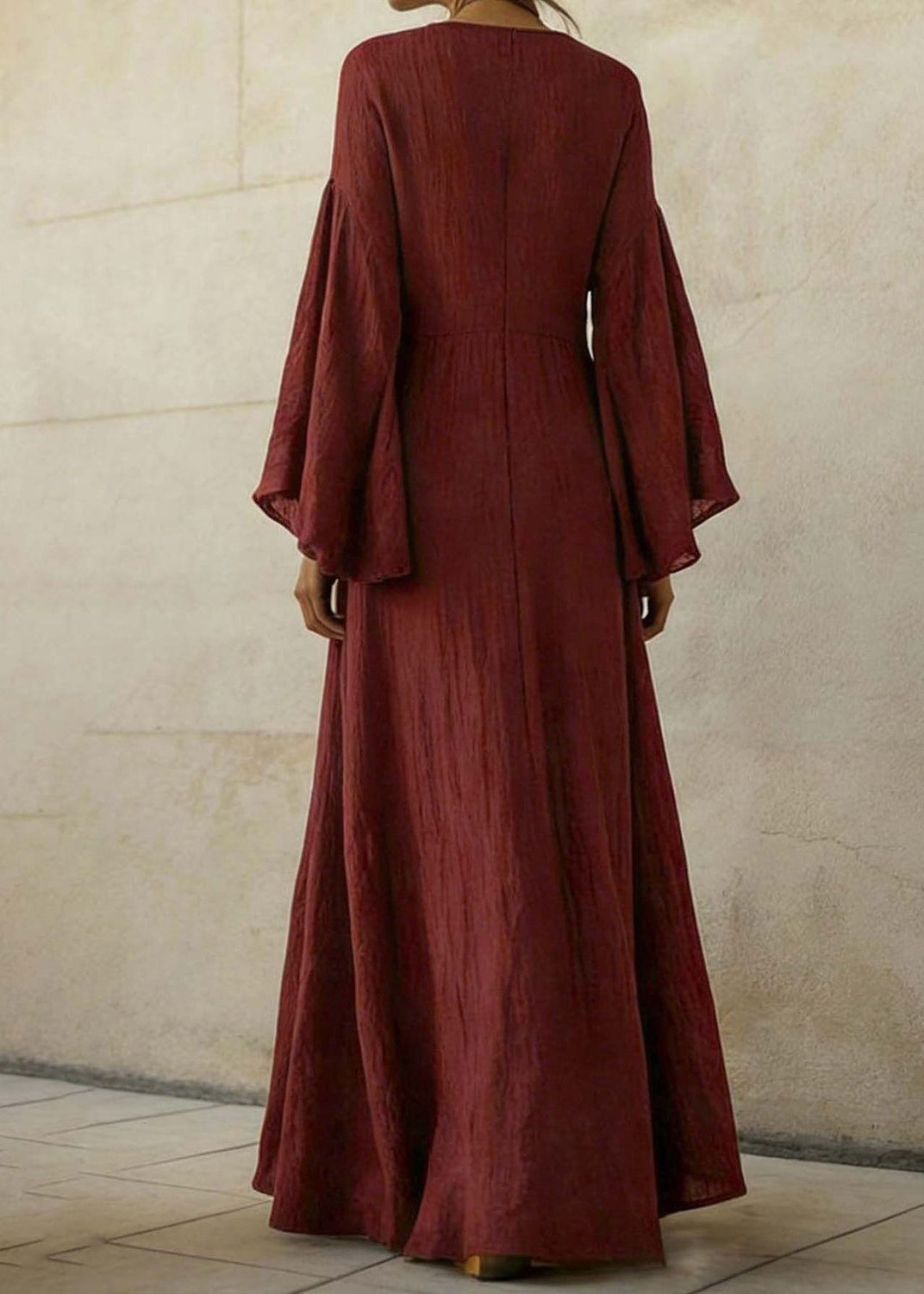 Boutique Red Patchwork Long Dress Flare Sleeve