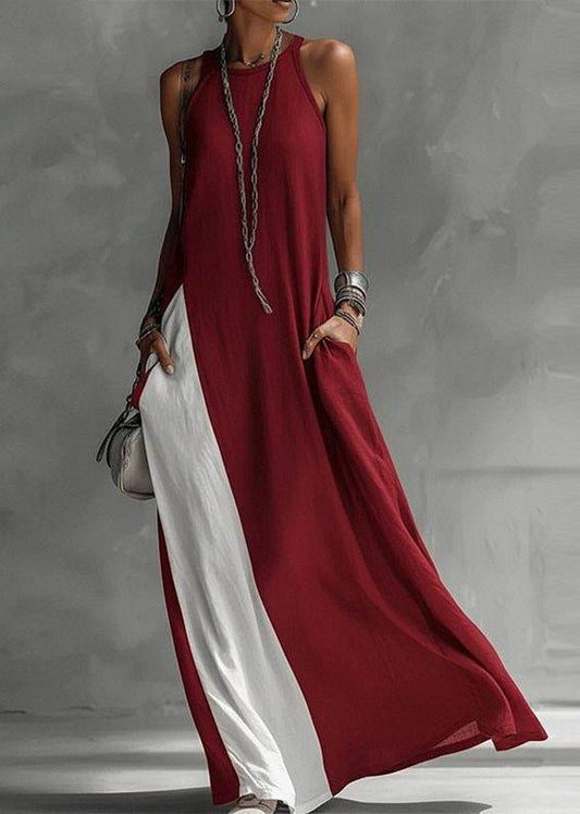 Boutique Red Patchwork Pockets Ankle Dress Sleeveless