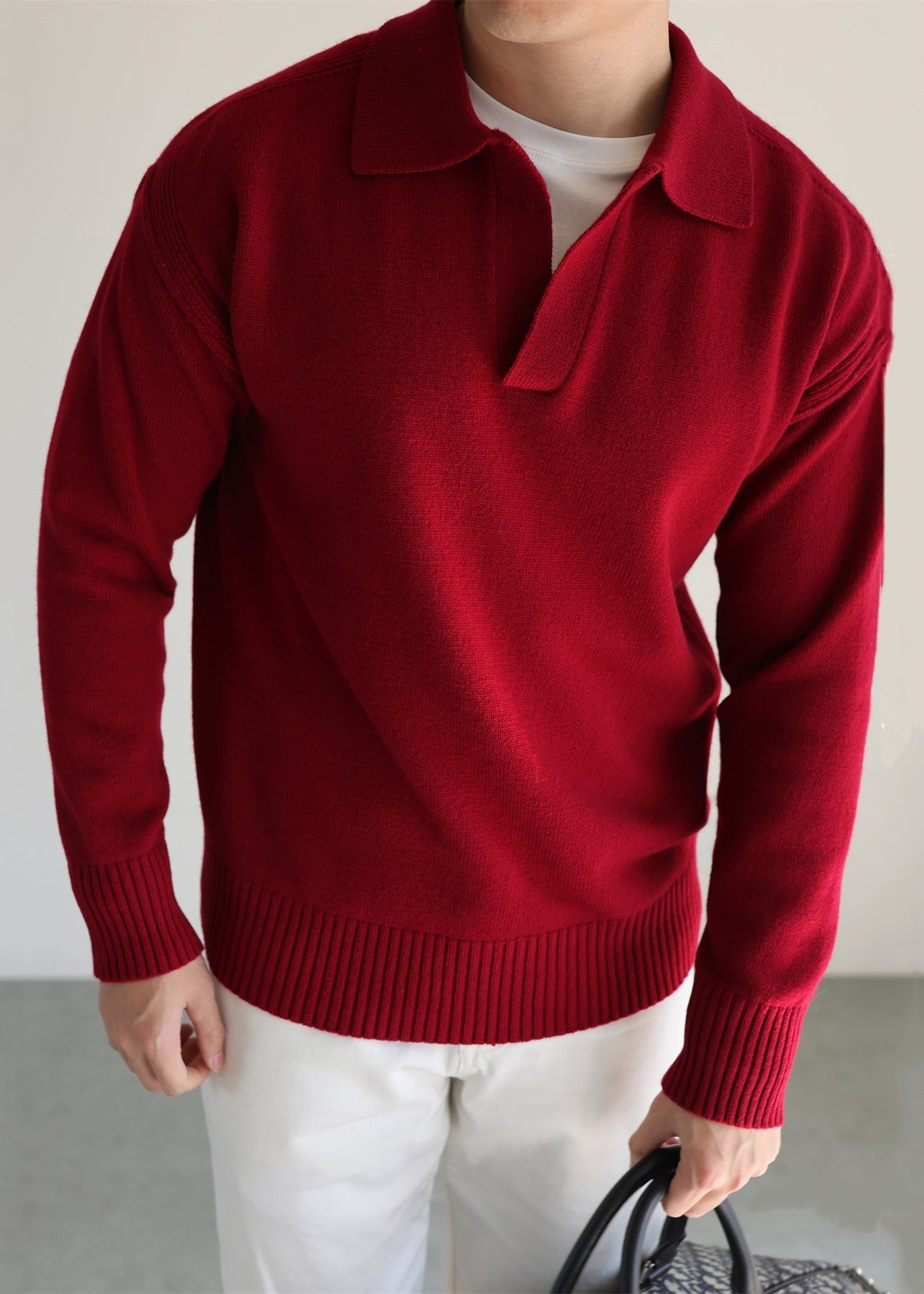 Boutique Red Peter Pan Collar Solids Knit Men Sweater Tops Winter
