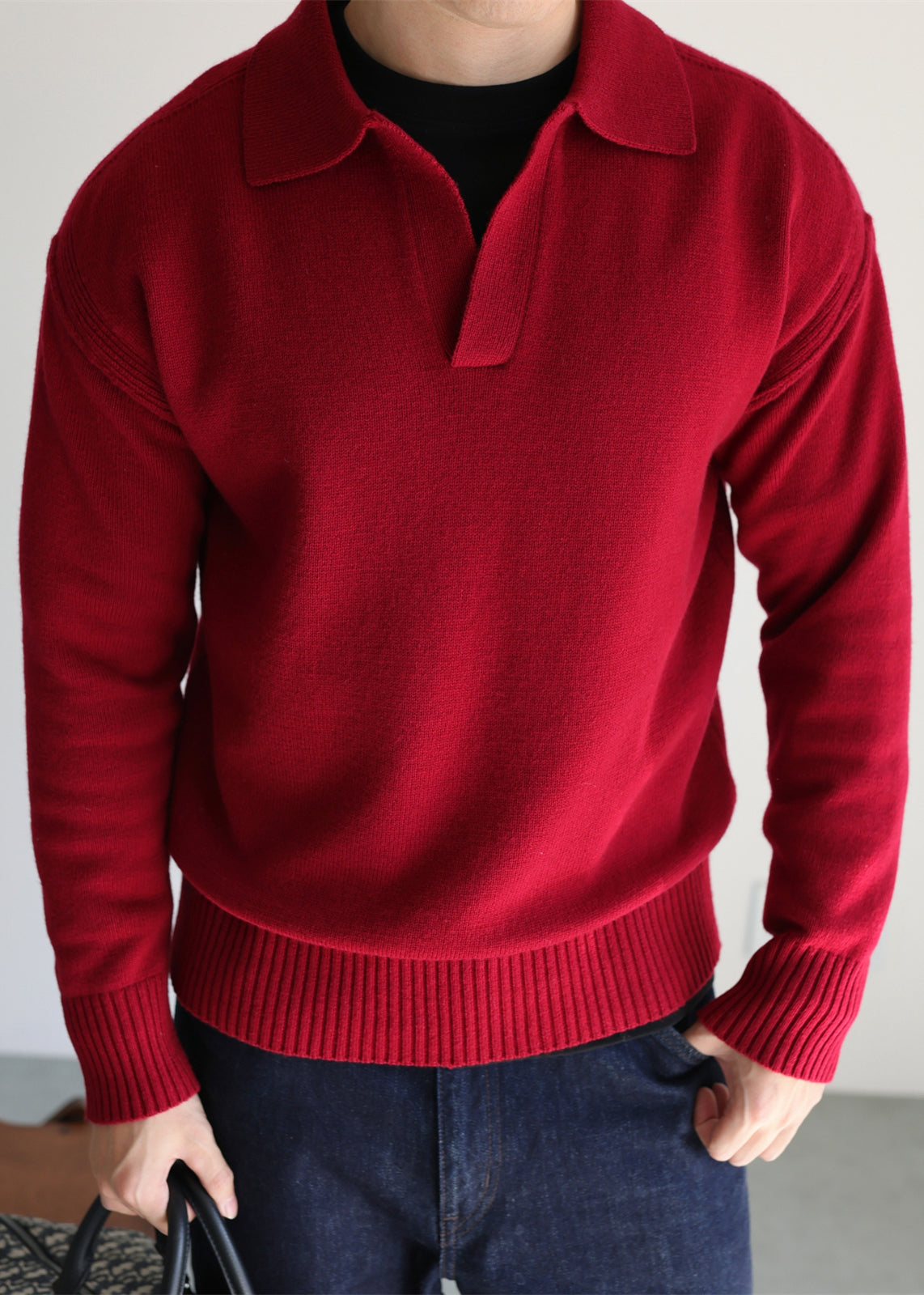 Boutique Red Peter Pan Collar Solids Knit Men Sweater Tops Winter