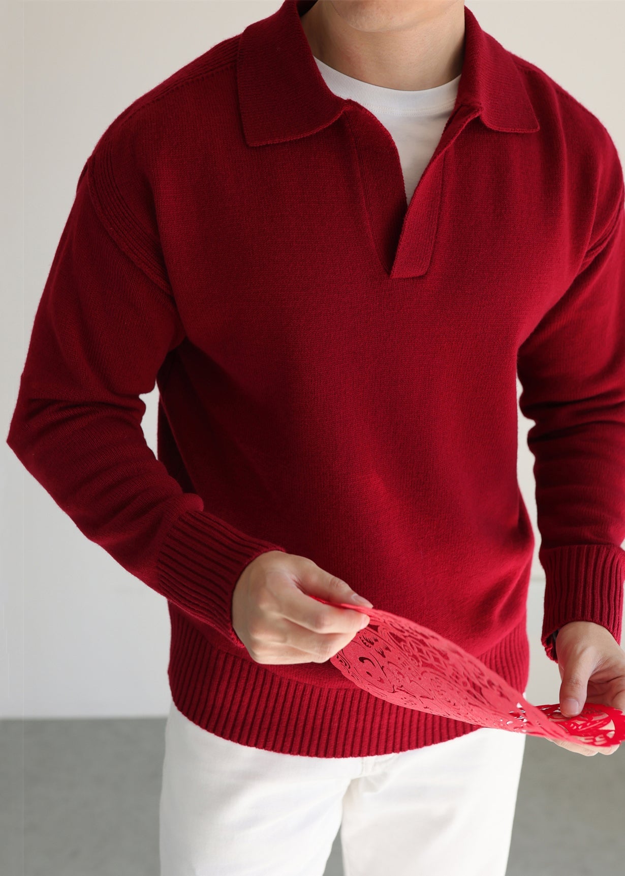 Boutique Red Peter Pan Collar Solids Knit Men Sweater Tops Winter