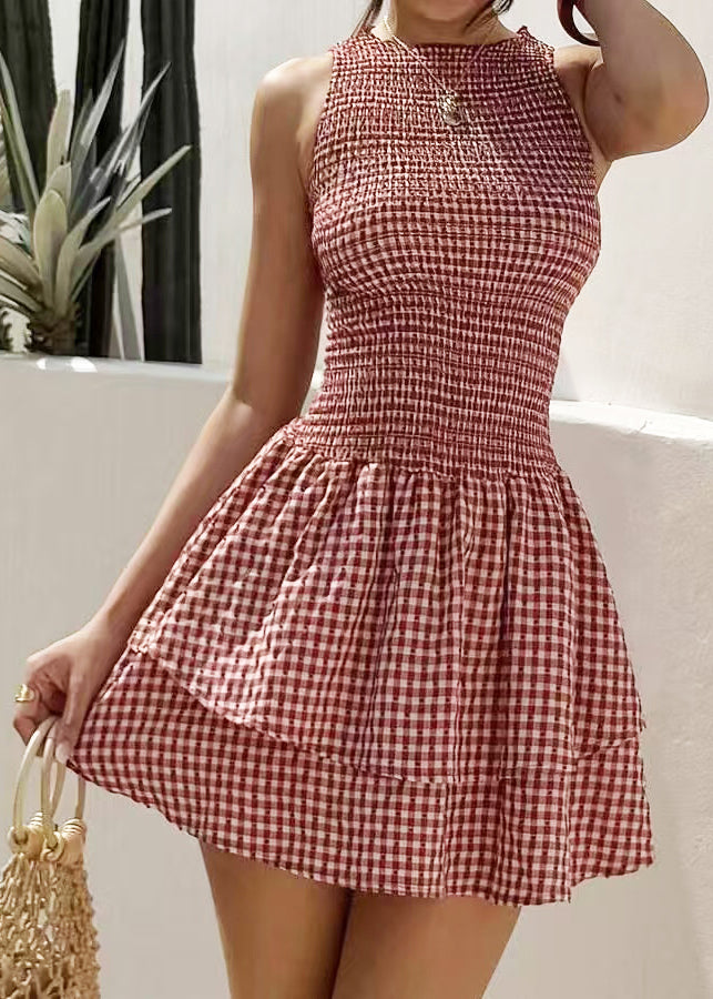 Boutique Red Plaid Layered Cotton Vacation Dress Summer