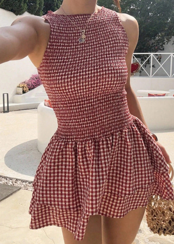Boutique Red Plaid Layered Cotton Vacation Dress Summer