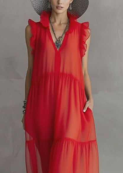 Boutique Red Ruffled Patchwork Chiffon Long Dress Sleeveless