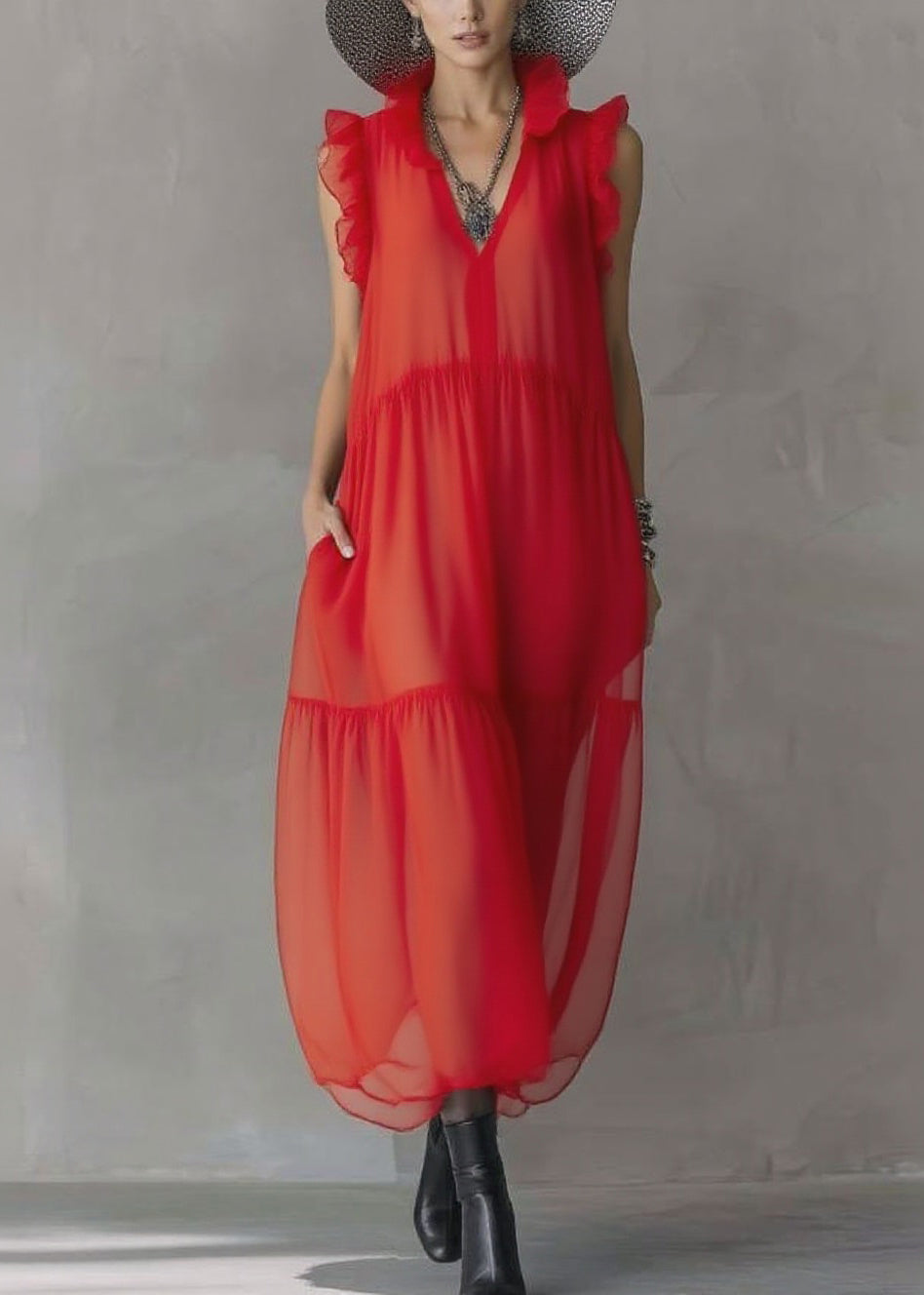 Boutique Red Ruffled Patchwork Chiffon Long Dress Sleeveless