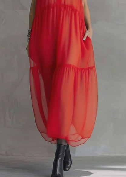 Boutique Red Ruffled Patchwork Chiffon Long Dress Sleeveless